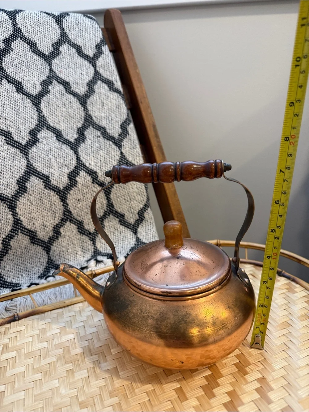 Vintage Copper Tea Kettle Wood Handle Small Decorative Stove Top Kitchen Decor